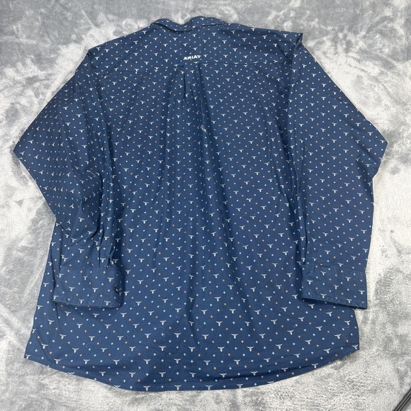 Ariat Shirt Mens Large Blue AOP Bulls Long Sleeve Button Western Ranch Fitted - Picture 6 of 10